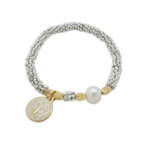 Bracelet Pewter Medalla San Benito Blanca